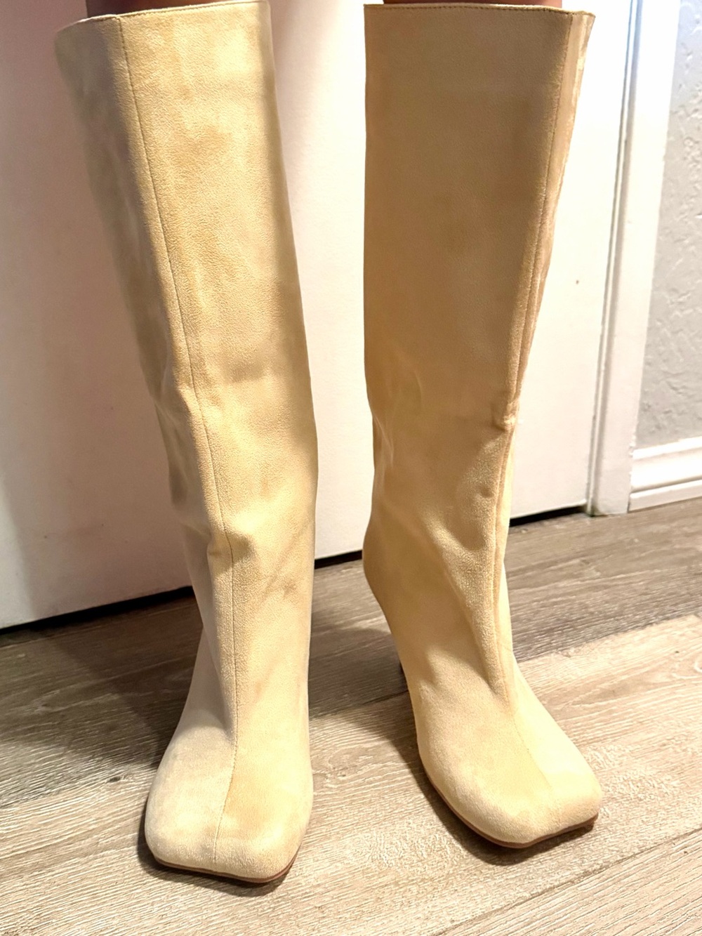 Elegant Over-the-Knee Cream Boots with Square Toe